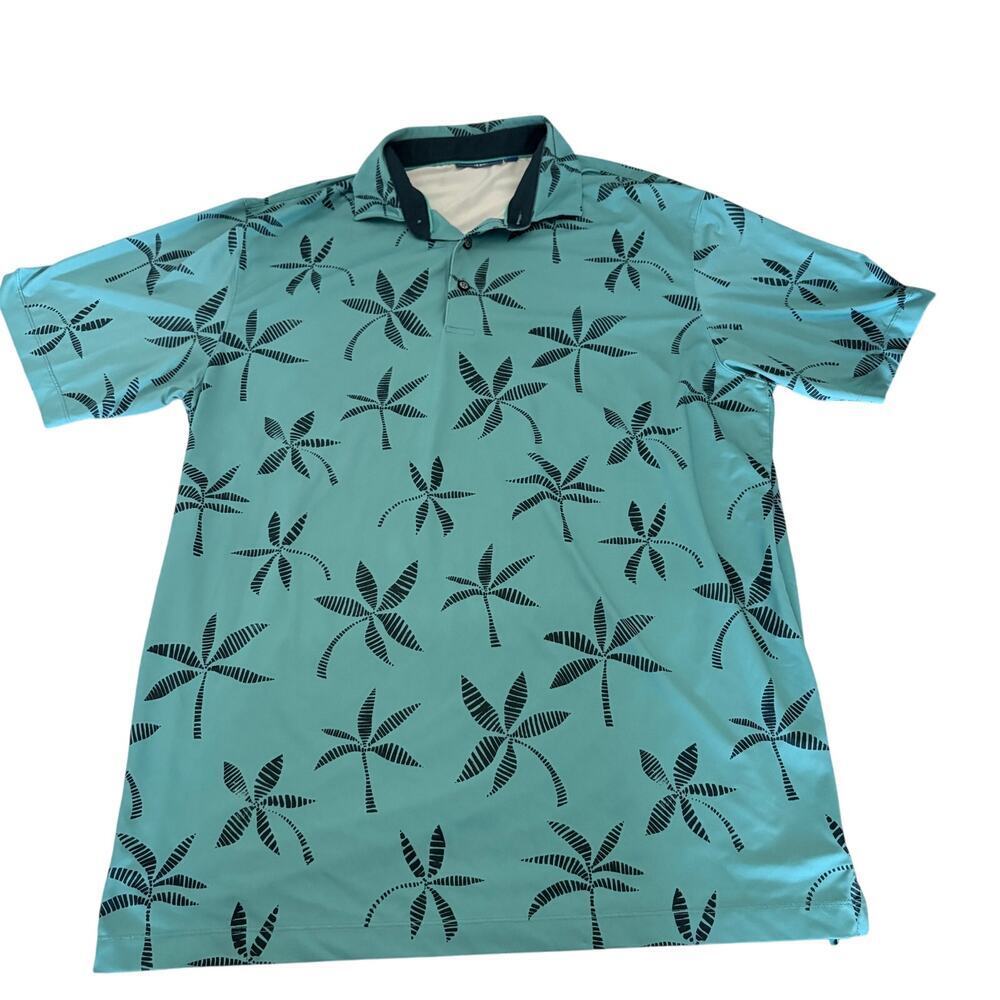 Devereux Performance Palm Tree Polo Shirt Mens L Aqua Blue Tropical Golf Preppy